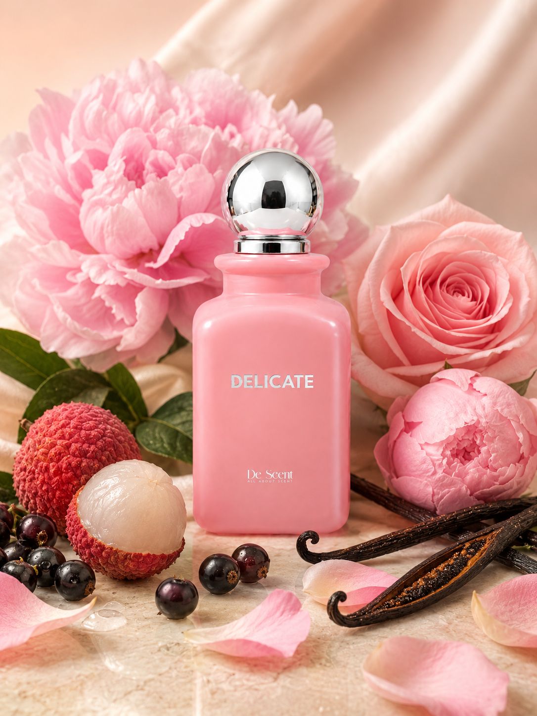 Delicate fragrance ingredients with pink flowers, lychee, vanilla, and soft petals