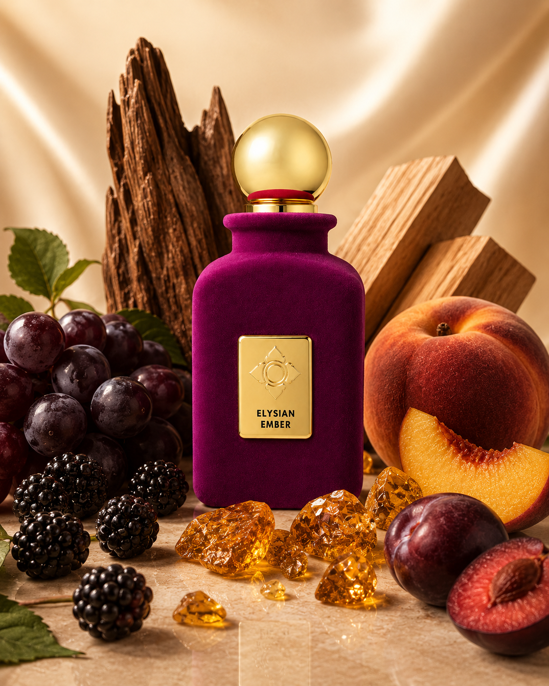 Elysian Ember fragrance ingredients with woods, dark fruits, amber, and peach