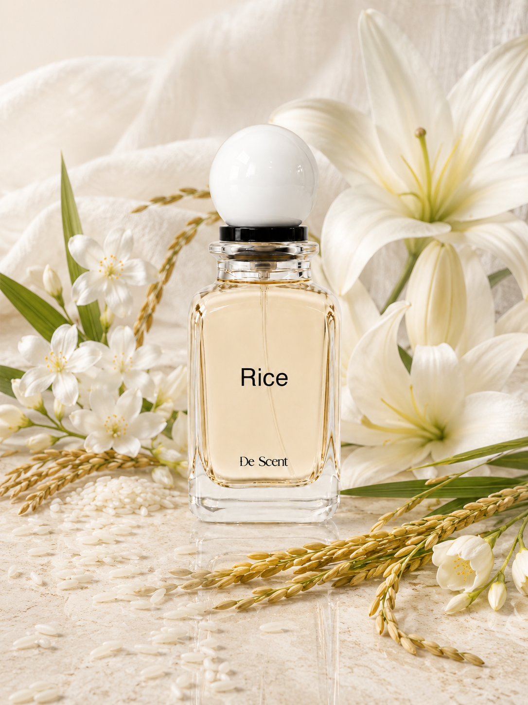 Rice fragrance ingredients with white flowers, rice grains, and soft linen