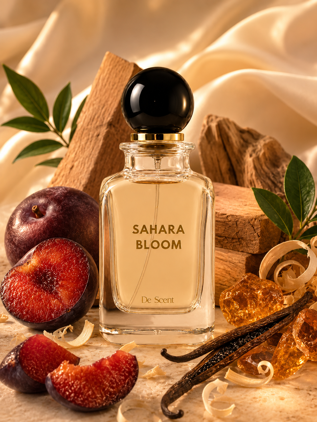 Sahara Bloom fragrance ingredients with plum, woods, vanilla, and amber