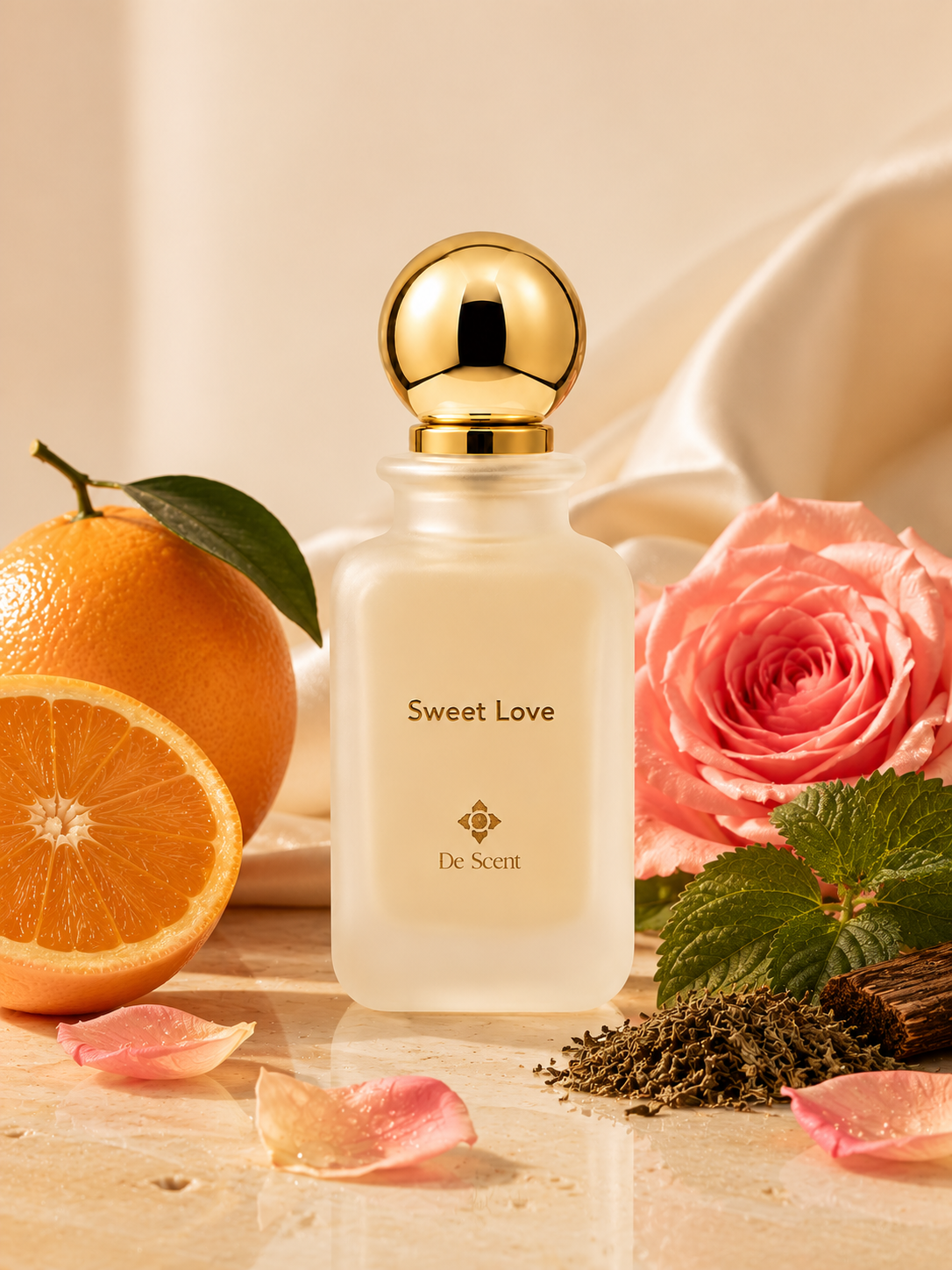 Sweet Love fragrance ingredients with orange, rose, mint, tea, and woods