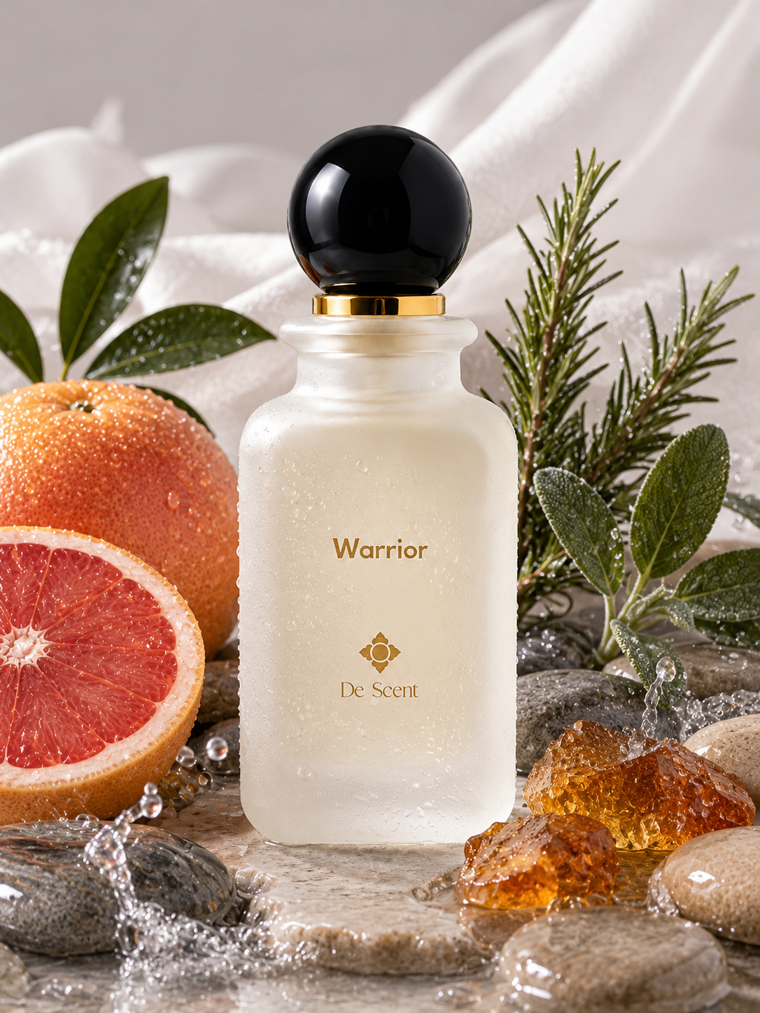 Warrior fragrance ingredients with grapefruit, herbs, water, stone, and amber